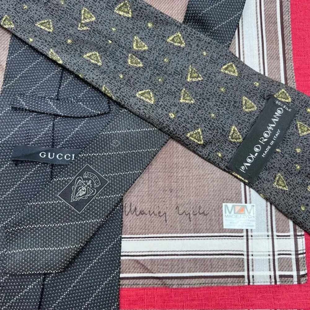 2 Neckties 100% Silk:: 1 Gucci & PAOL-O ROMANO+ 1 MZM  Handkerchierf 19